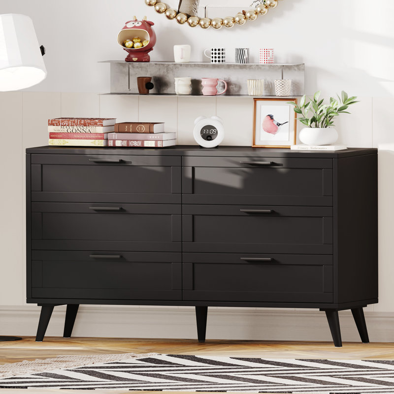 6 Drawer Dresser Wooden Chest of Drawer Modern Double Dresser Black